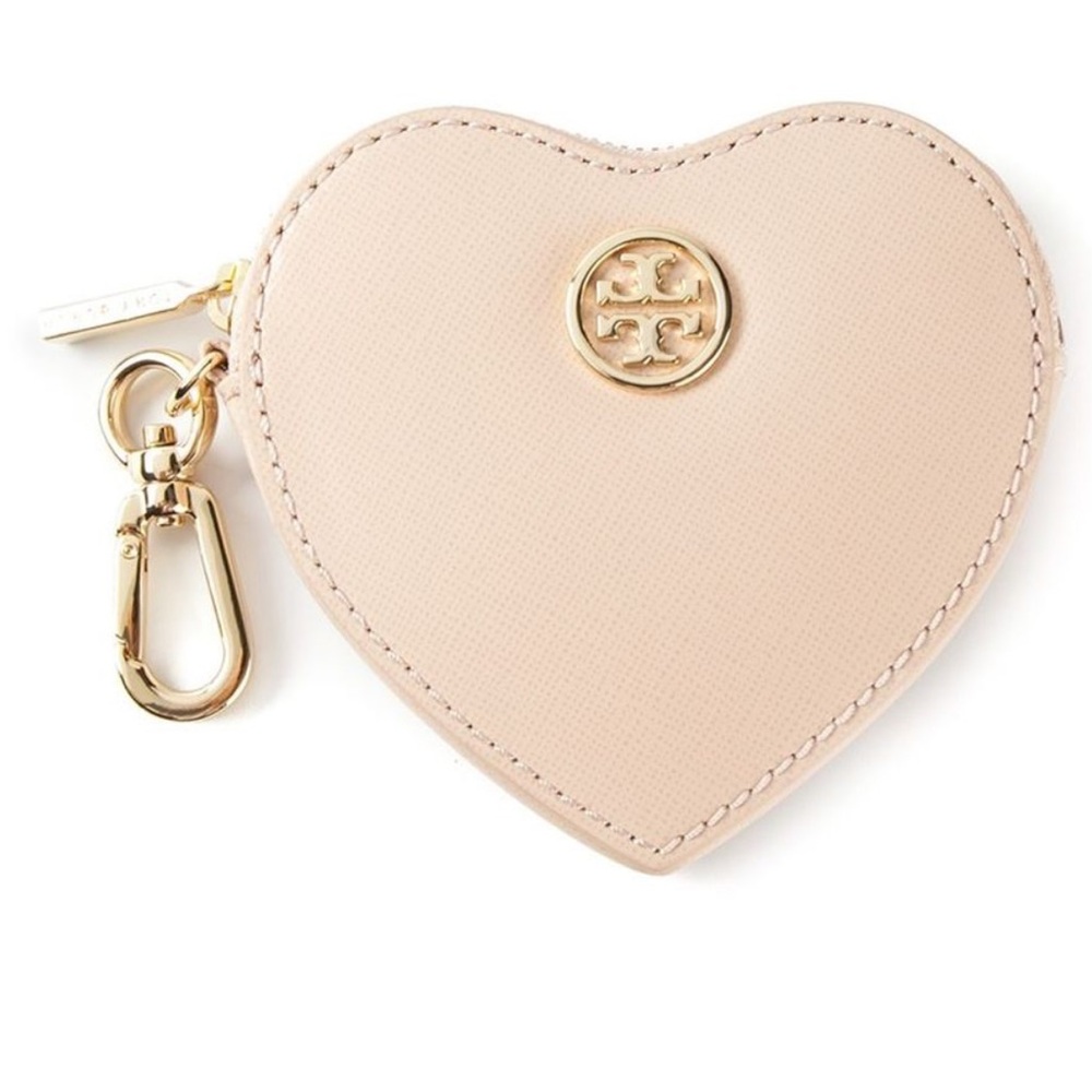 Mini Tory Burch heart-shaped coin wallet.